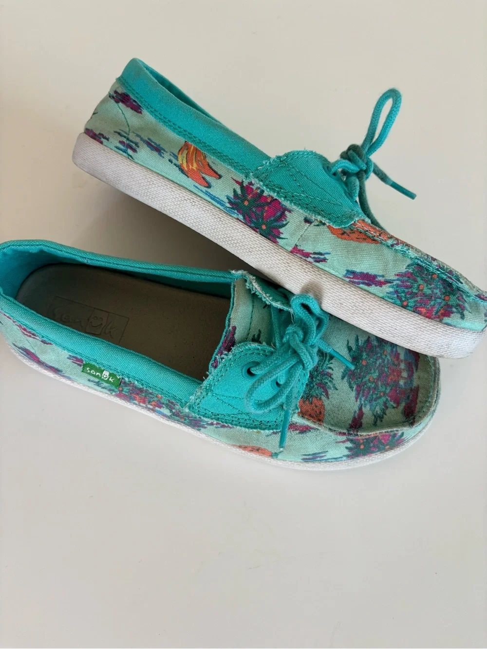 Sanuk Teal Tropical Canvas Kids Loafers